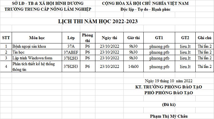 Lịch thi khóa 37 ngày 23-10-2022